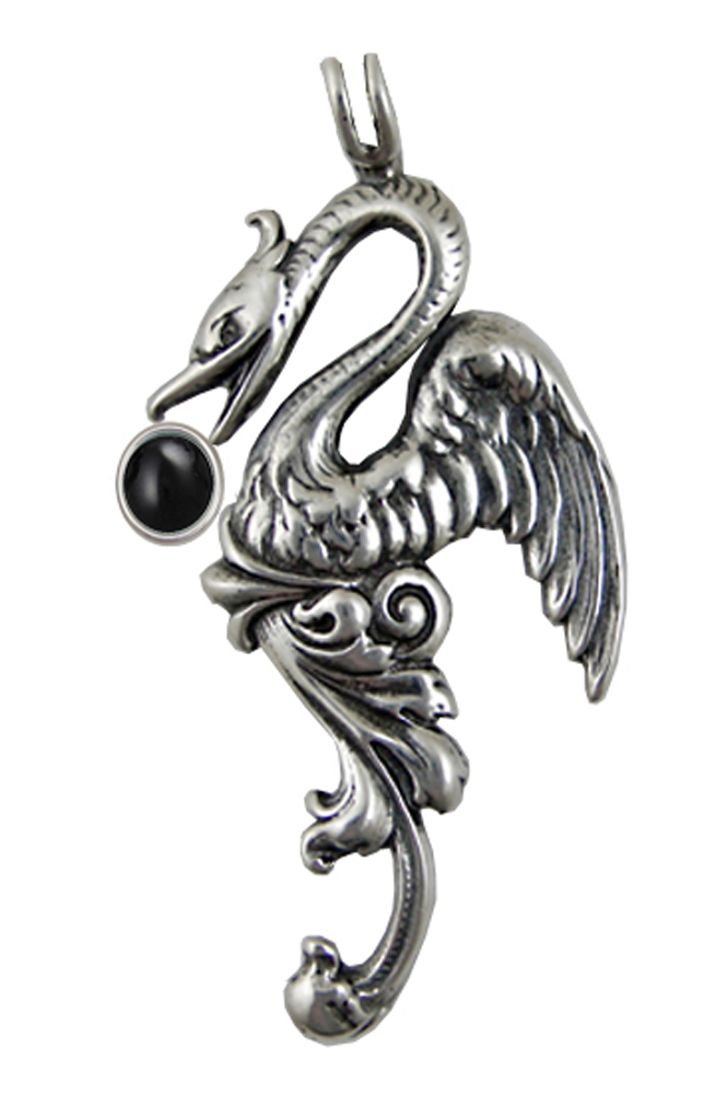 Sterling Silver Medieval Phoenix Sun Bird Pendant With Black Onyx
